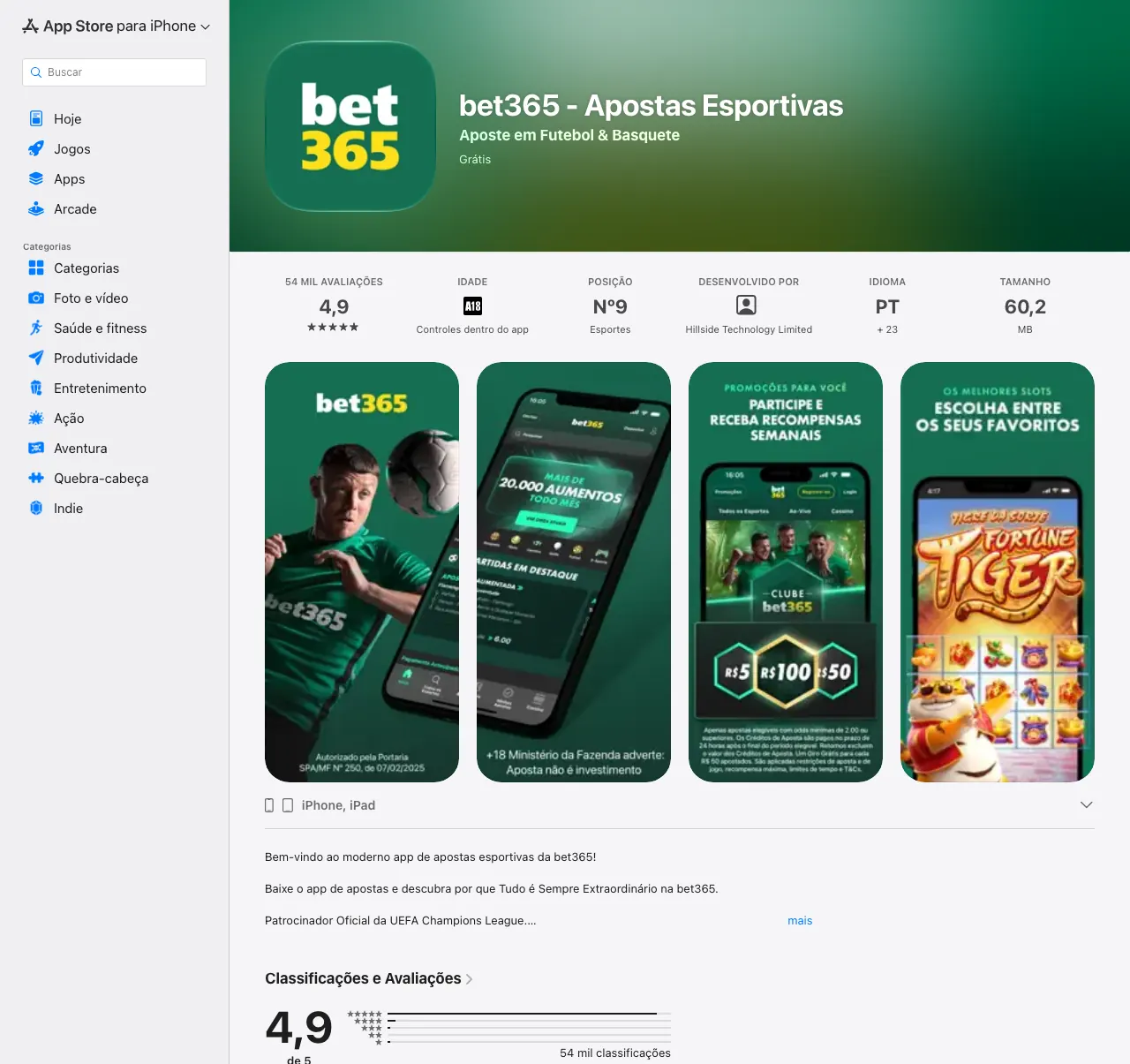 Ficha do app bet365 - Apostas Esportivas na App Store Brasil, com nota 4,9