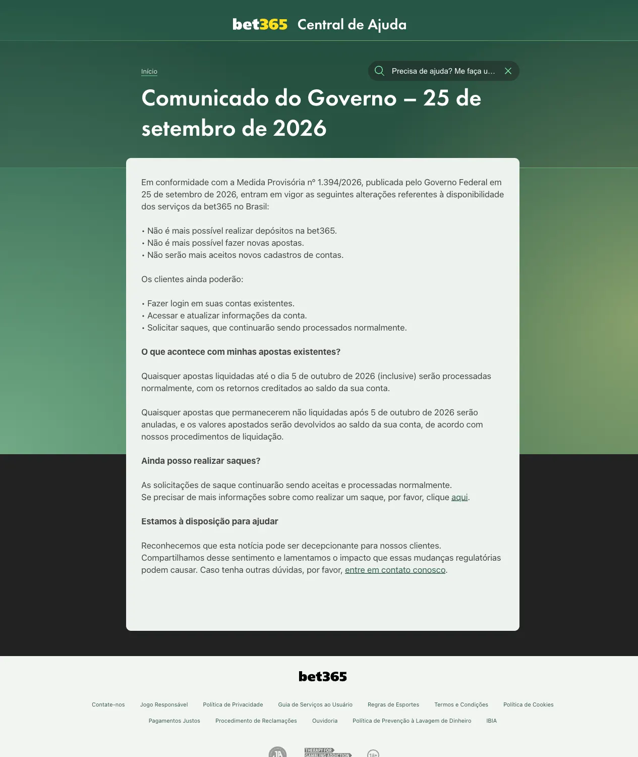 Comunicado do Governo de 25 de setembro de 2026 na Central de Ajuda bet365 sobre a Medida Provisória nº 1.394/2026