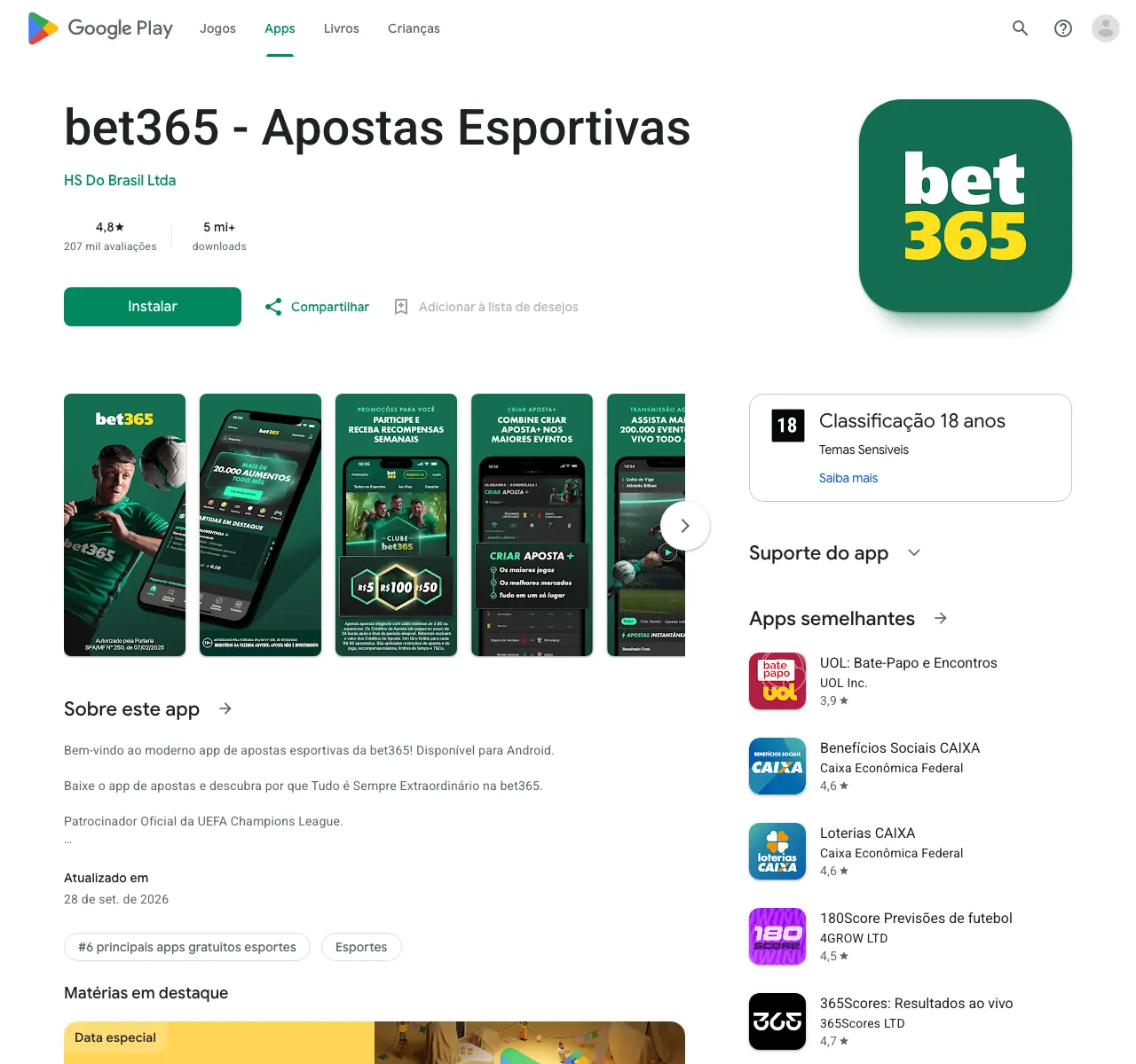 Ficha do app bet365 - Apostas Esportivas no Google Play Brasil, com nota 4,8
