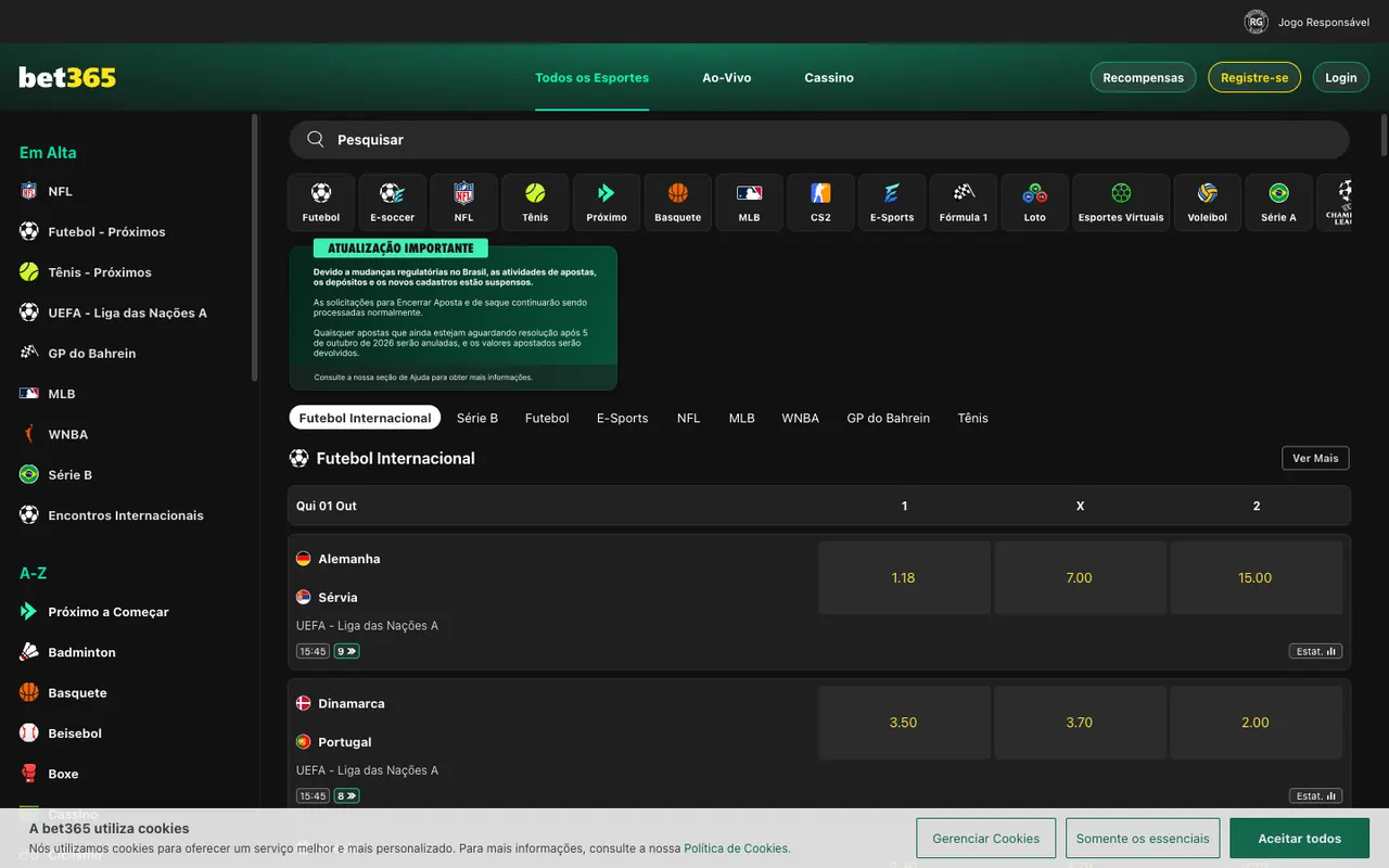 Página inicial da bet365.bet.br com aviso sobre a situação da operação no Brasil