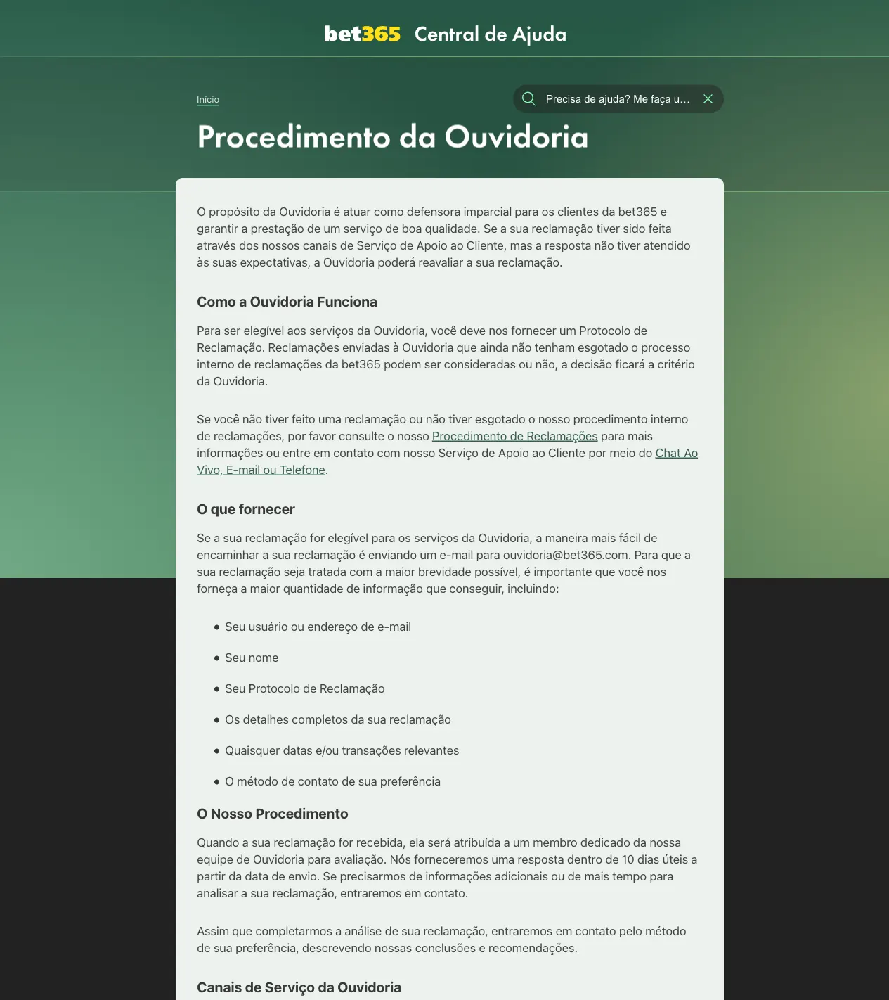 Página da Ouvidoria bet365 na Central de Ajuda, com telefone e e-mail de contato