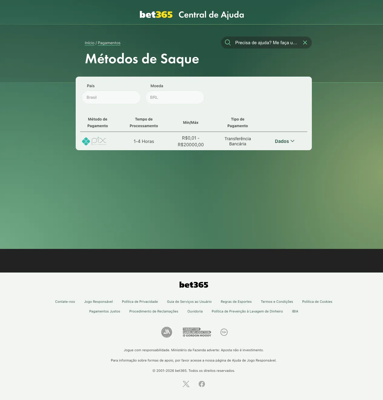 Tabela de Métodos de Saque da bet365 no Brasil com Pix, prazo e valores mínimo e máximo